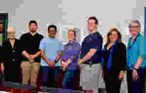 L to R: Tunxis President Cathryn L. Addy; Jesse Gutaukas; Dhrumil Shah; Elena Bolotova; Matthew Stromberg; Tunxis Professor Karen Wosczyna-Birch, who heads the initiative's leadership team; and Dr. Nancy Ruther, President, Gazelle International.