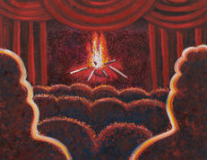 a painting of two figures in a movie theatre staring a a campfire