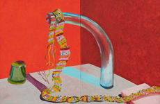 a painting of a still life with a friendship bracelet hanging from a glass tube