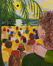 a painting of people watching a total solar eclipse on the beach, there is a large figure in the foreground being embraced by another figure