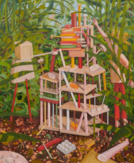 a painting of a kid and a building block shaped kid building a tower out of building blocks in a forest or jungle