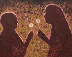 a painting of two backlit figures at golden hour blowing the seeds off dandelions