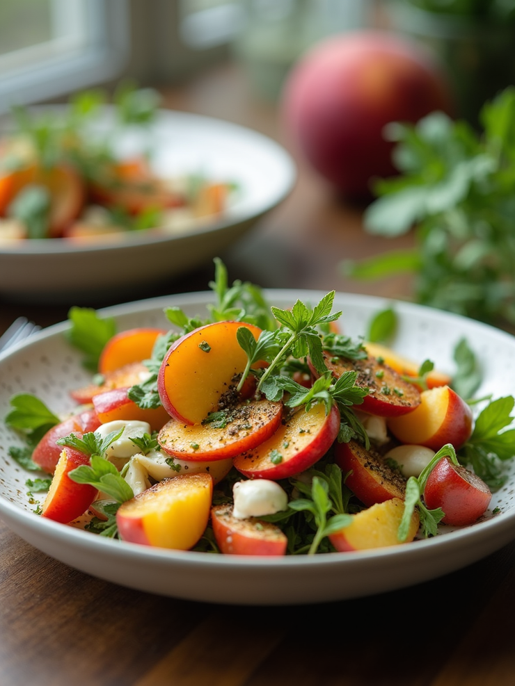 A vibrant summer salad featuring cubed bread, fresh basil leaves, and sliced yellow peaches in a ceramic bowl.