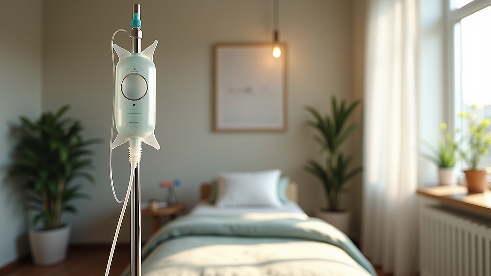 Eye-level view of IV infusion setup in a cozy wellness clinic