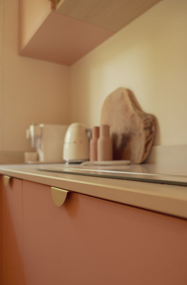 Cuisine semi mesure
caisson ikea
Façades Plum living blush
poignées et robinetterie laiton brossé
plan de travail dekton
niche chêne sur mesure