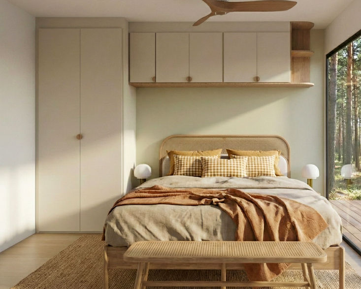 Chambre aux teintes douces et naturelles, dressing pont de lit asymétrique crème et chêne, et une tête de lit aux accents verts doux