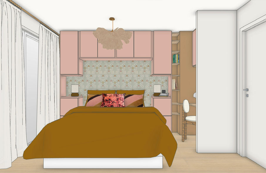 Chambre parentale - projet Blanqui
Conception pont de lit semi mesure avec mini bibliothèque et alcove avec espace bureau