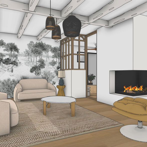 Vue 3D du salon et sa cheminée