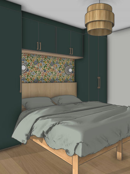 Vue 3D de la future chambre 6, dont l'espace est optimisé par un pont de lit dressing vert canopée, et une tête de lit chêne surmontée d'un papier peint fleuri vintage