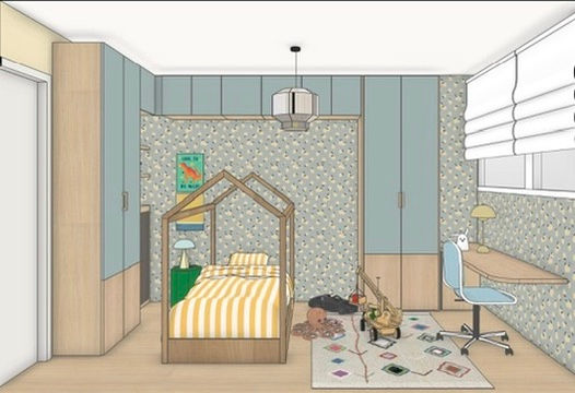 Chambre enfant - projet Blanqui
Conception pont de lit d'angle semi mesure avec espace bureau