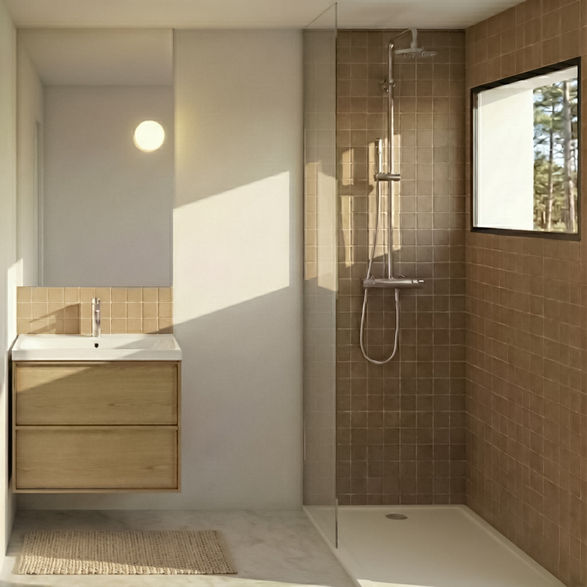 Une salle d'eau avec meuble vasque en chêne, un miroir toute hauteur avec applique encastrée, et des zelliges brun clair
