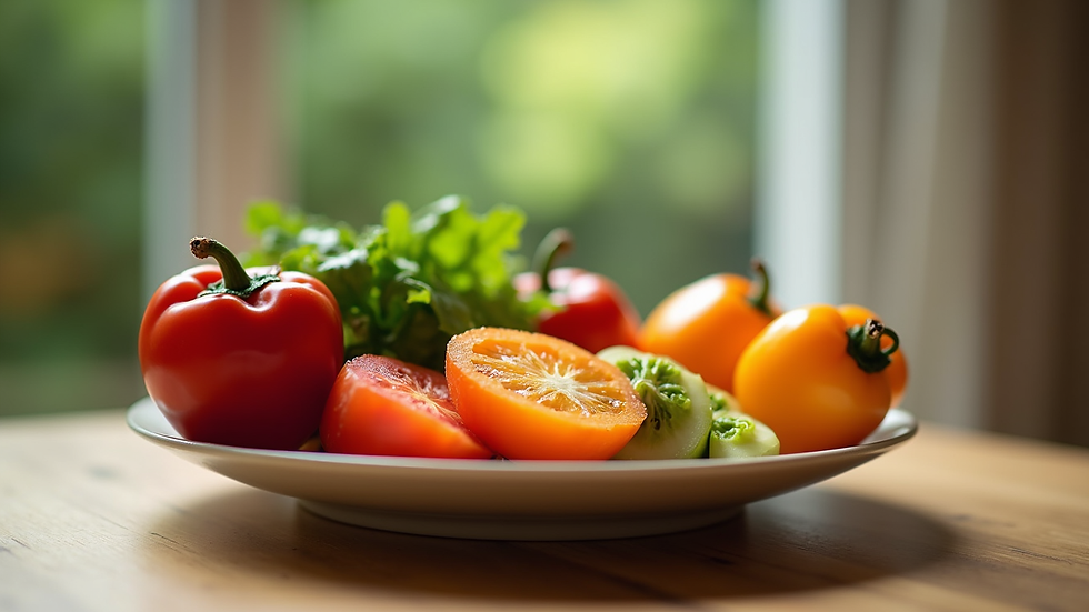 Eye-level view of a colorful plate with fresh vegetables and fruits