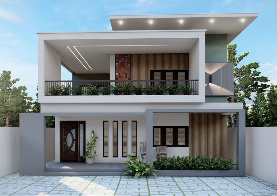 Modern two-story house with a wooden door, windows, and balcony features.