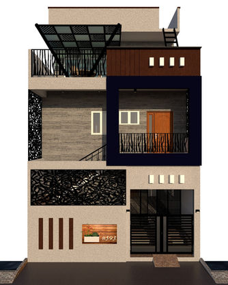 Modern three-story house with unique architecture design and visible text Home.