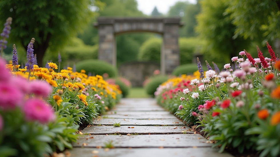 Eye-level view of a beautifully designed garden with colorful flowers and a stone pathway