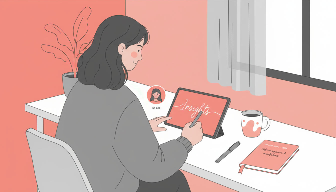 Plano medio de una persona tomando notas durante una sesión de terapia online