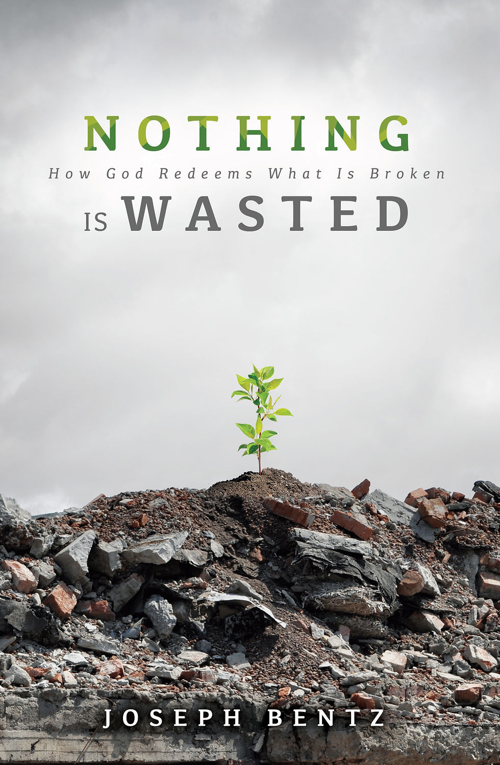 The cover art for "Nothing is Wasted" by Joseph Bentz, a small sapling grows atop a pile of rubble and dirt. The Title is in bold letters with the subtitle How God Redeems What Is Broken in smaller script