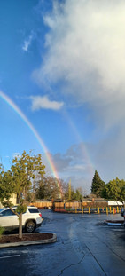 Bright blue sky and white cloud frame a bright double rainbow