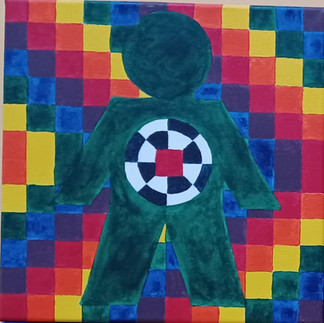 a dark green figure stands in front of a background made of squares that form a rainbow pattern, a smaller black and white target like circle sits in the torso of the figure