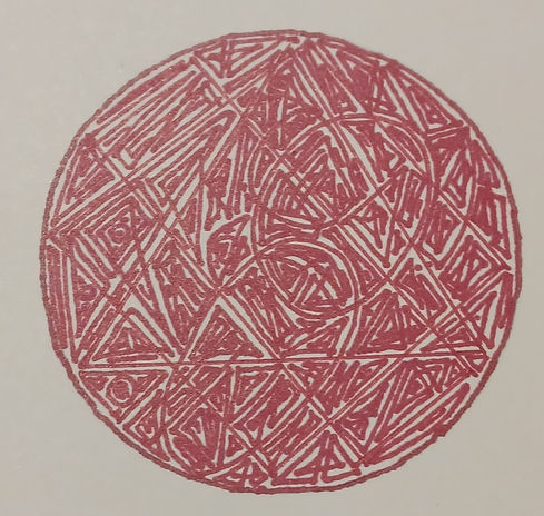 An art piece made up of interlocking and overlapping geometric forms in red ink on white paper