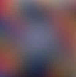 a dark green figure stands in front of a background made up of randomly place multi-colored squares. A circular, colorful target-like shape hides the torso of the figure.