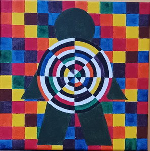 a dark green figure stands in front of a background made up of randomly place multi-colored squares. A circular, colorful target-like shape hides the torso of the figure.