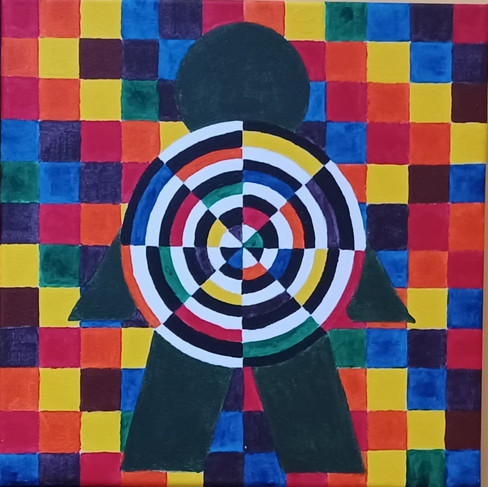 A dark green figure stands in front of a background made up of multicolored squares. A multicolored target-like circle covers the torso of the figure.