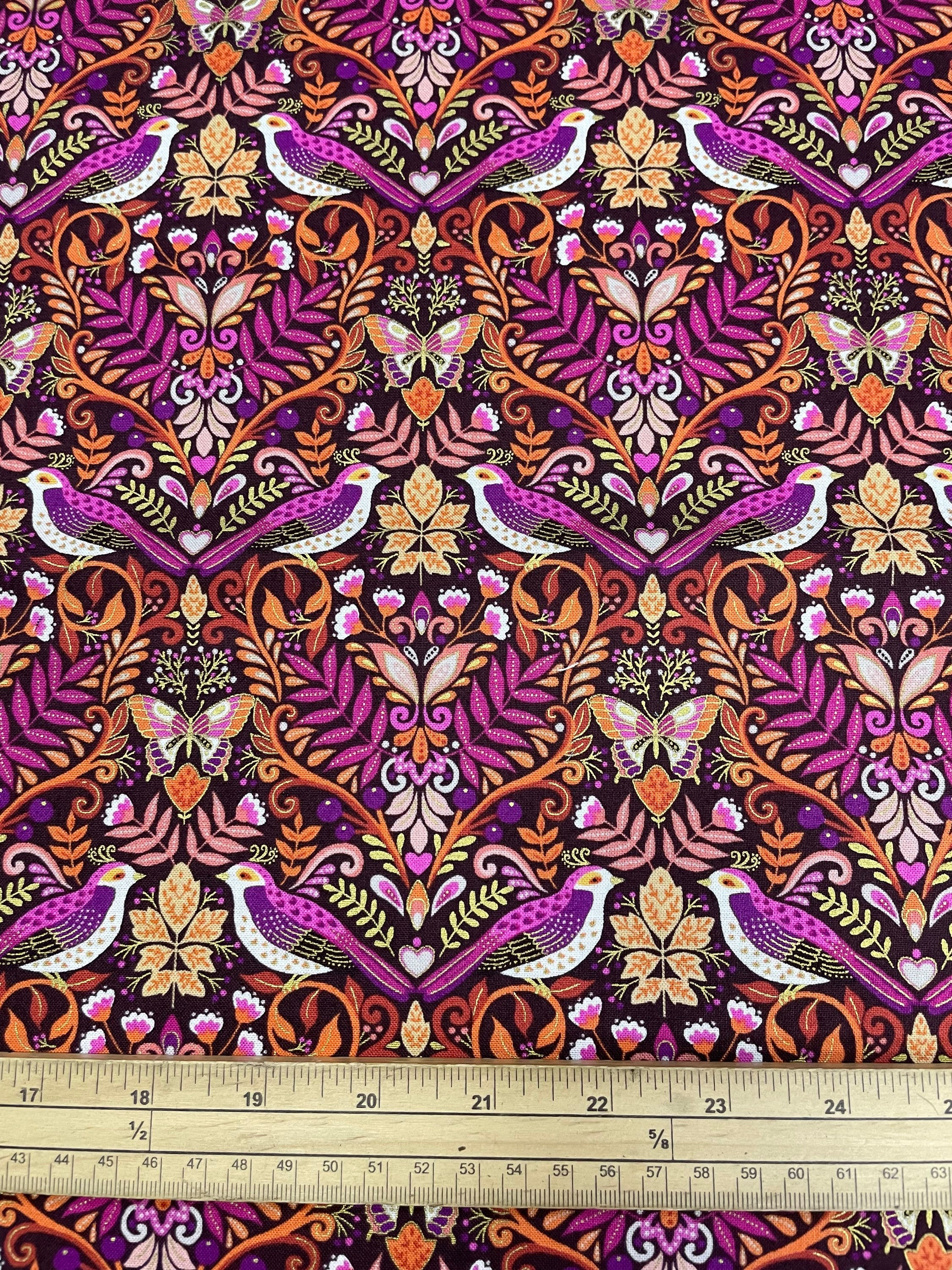 Luxe Damask Birds Orange - 100% Cotton