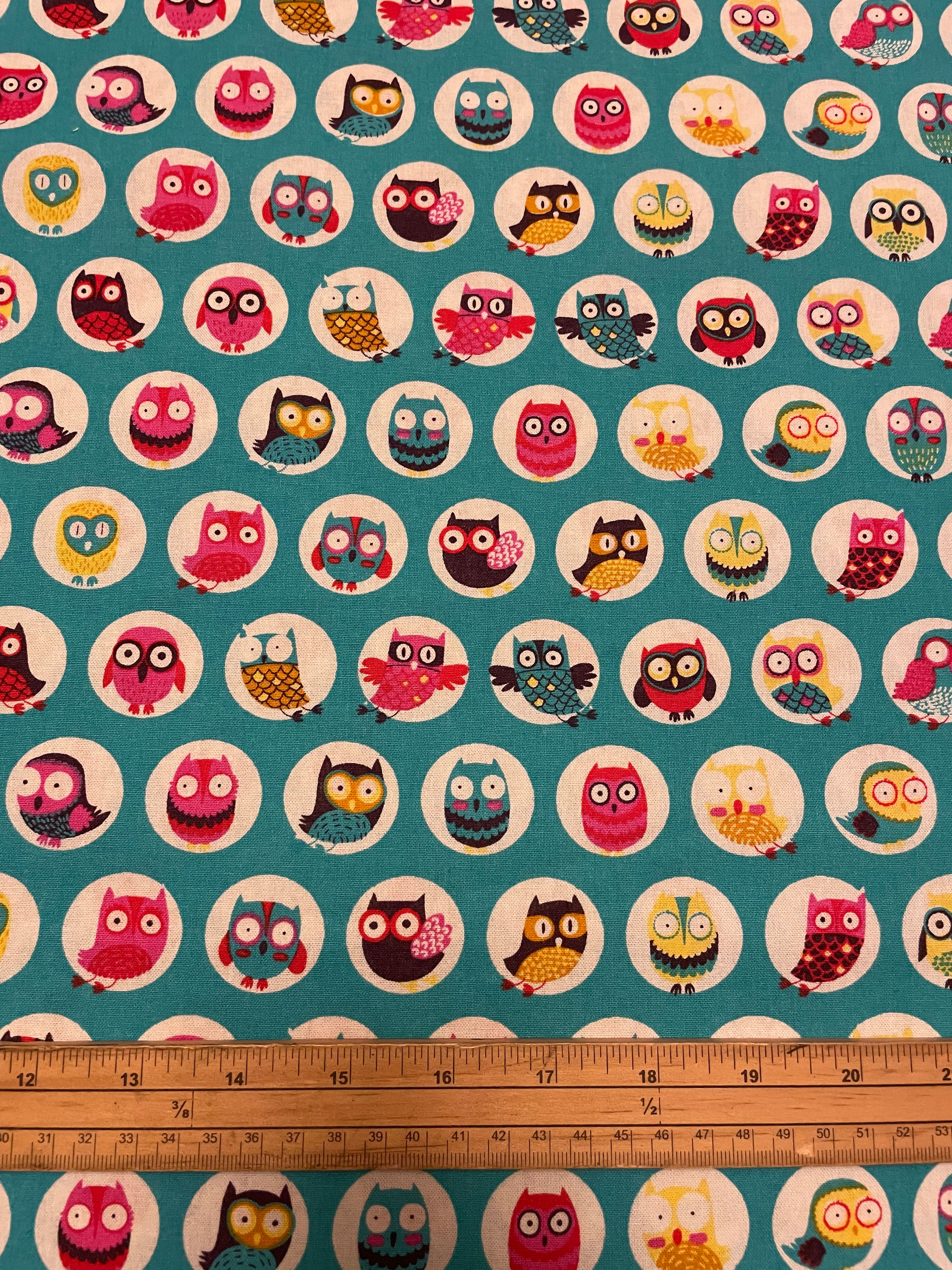 Owls Circles Teal   - 100% Cotton
