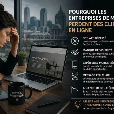 Femme entrepreneure à Montréal travaillant sur un ordinateur portable avec un site web professionnel, illustrant les raisons pour lesquelles les entreprises perdent des clients en ligne à cause d’un mauvais SEO, d’une faible visibilité Google et d’une mauvaise expérience utilisateur.