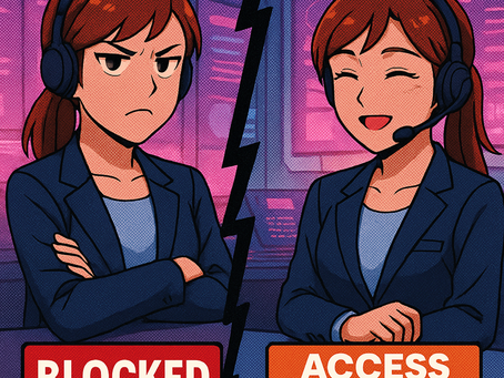 Split-panel anime-style illustration of two people on a video call. On the left, a woman in an office setting speaks confidently into her headset. On the right, a man in a different office leans forward, listening intently.