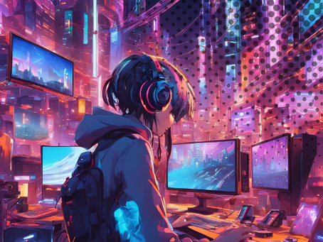 Person wearing headphones in a neon-lit room surrounded by computer screens, preparing for a high-pressure call.