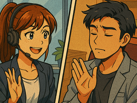 Two animated characters separated by a split screen. A woman on the left is smiling and waving, wearing a headset. A man on the right seems doubtful.