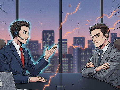 Two animated businessmen in suits, one wearing a headset, engage in a tense discussion in a city office at dusk, with lightning effects.