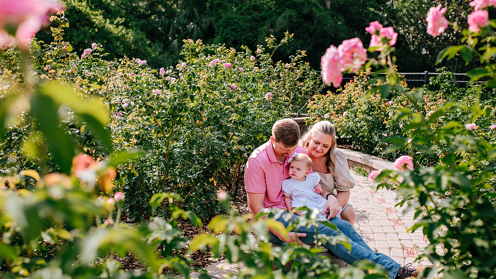 Family in garden sits on path surrounded by pink roses. Parents, smiling, hold a baby in white. Greenery creates a serene, joyful setting for family photos in St Augustine Florida.