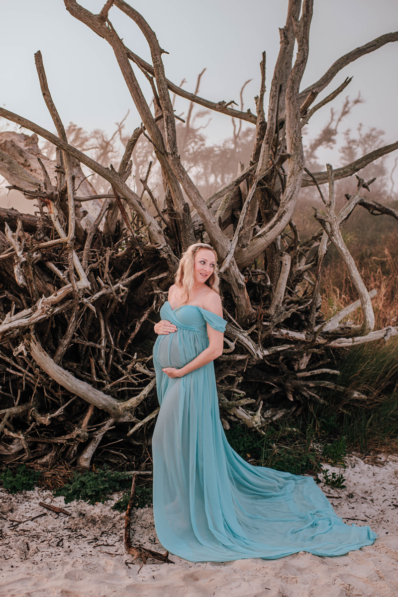 Pregnant woman in a flowing blue gown stands on a sandy beach, holding her belly. Driftwood and misty trees form a natural backdrop.