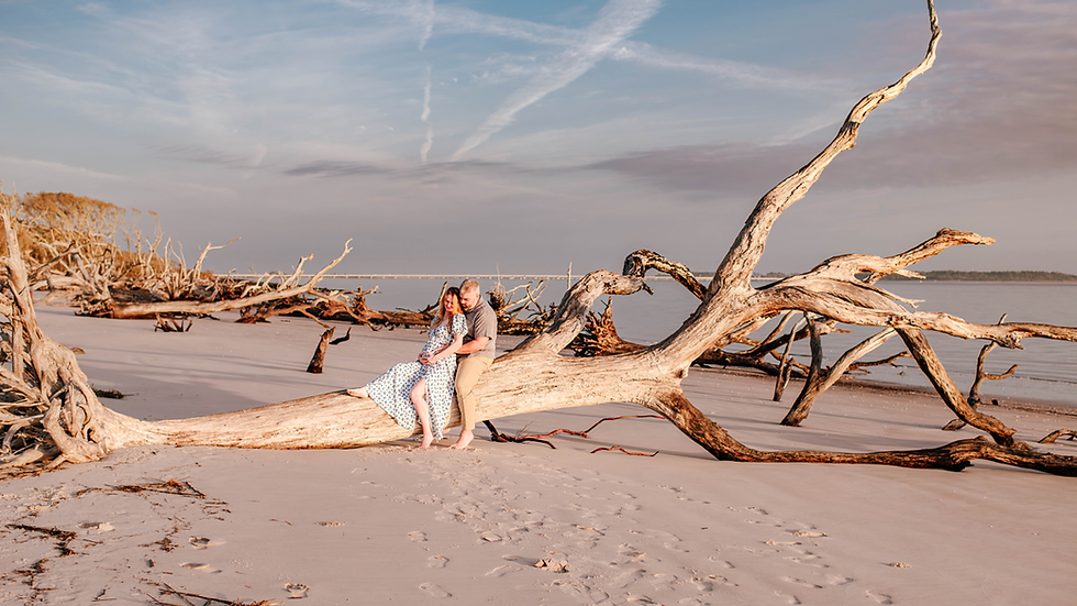 Couple sitting on driftwood at a serene beach. Blue sky with contrails, sand, and tree branches in the background. Peaceful mood.