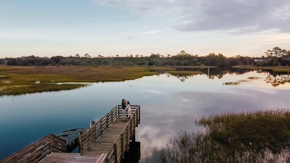drone capture of a family on a lookout in a salt marsh preserve