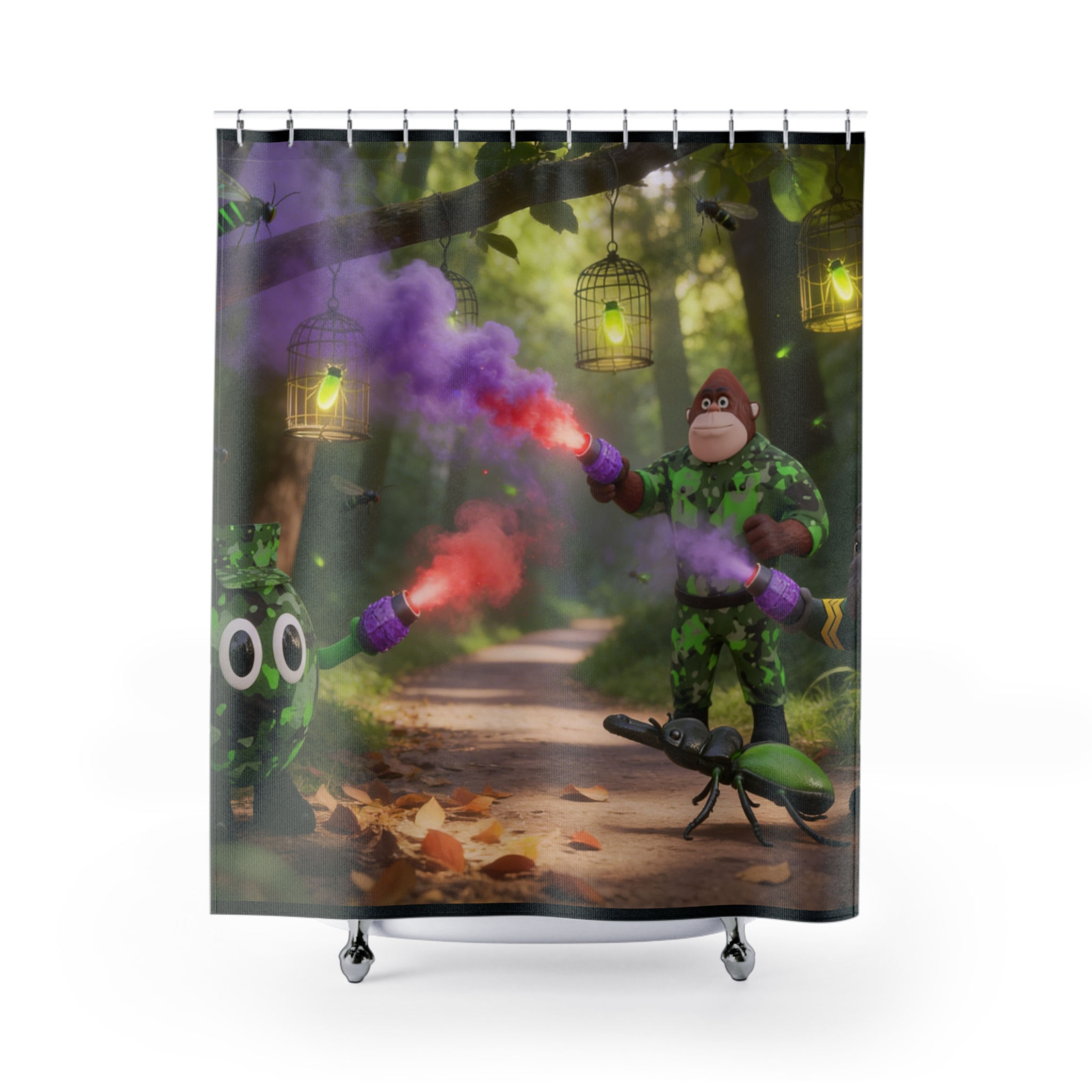 Forest Adventure Shower Curtain — Colorful Smoke Grenade Monkey Design