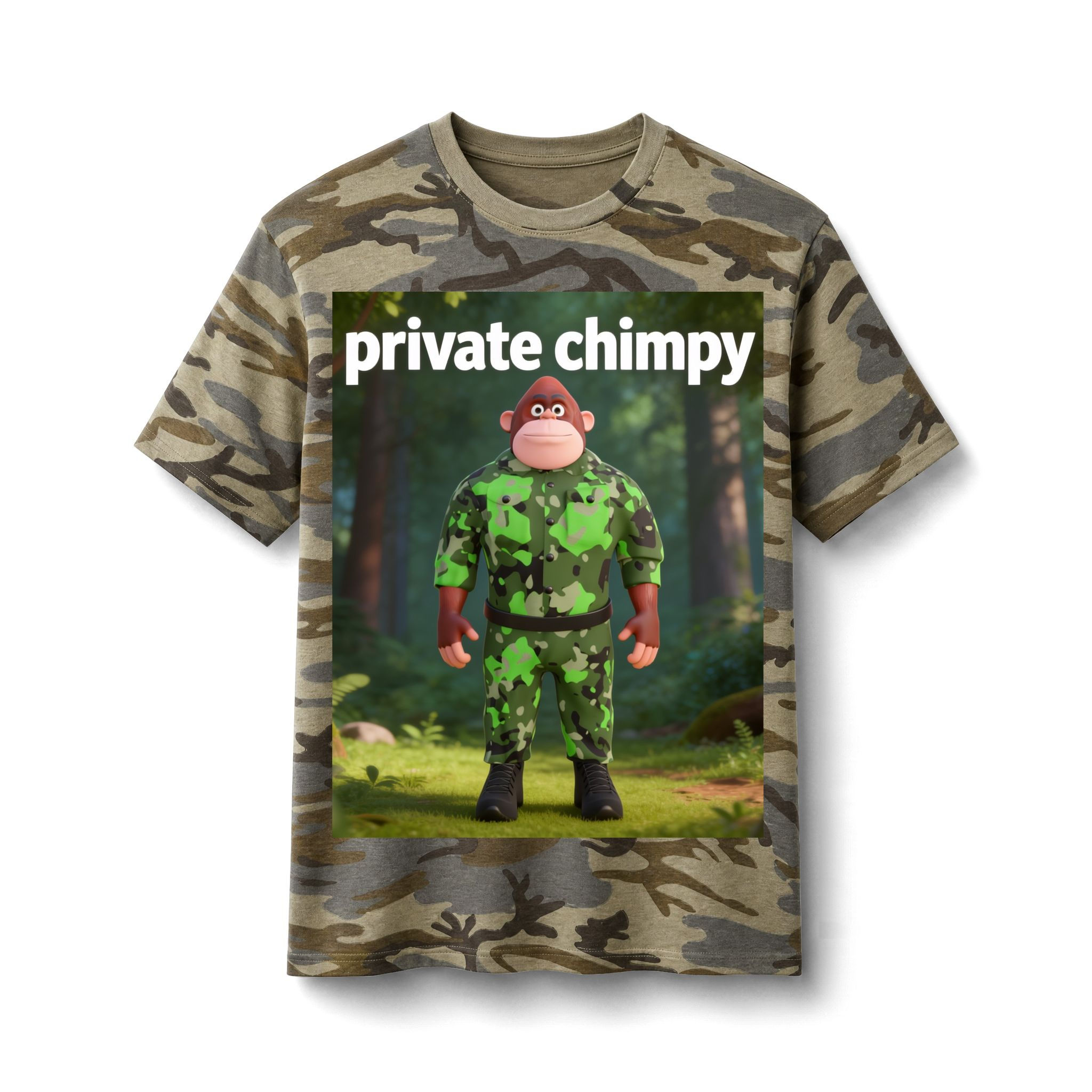 Private Chimpy Camo Tee — Kids' Cartoon Monkey Army T-Shirt