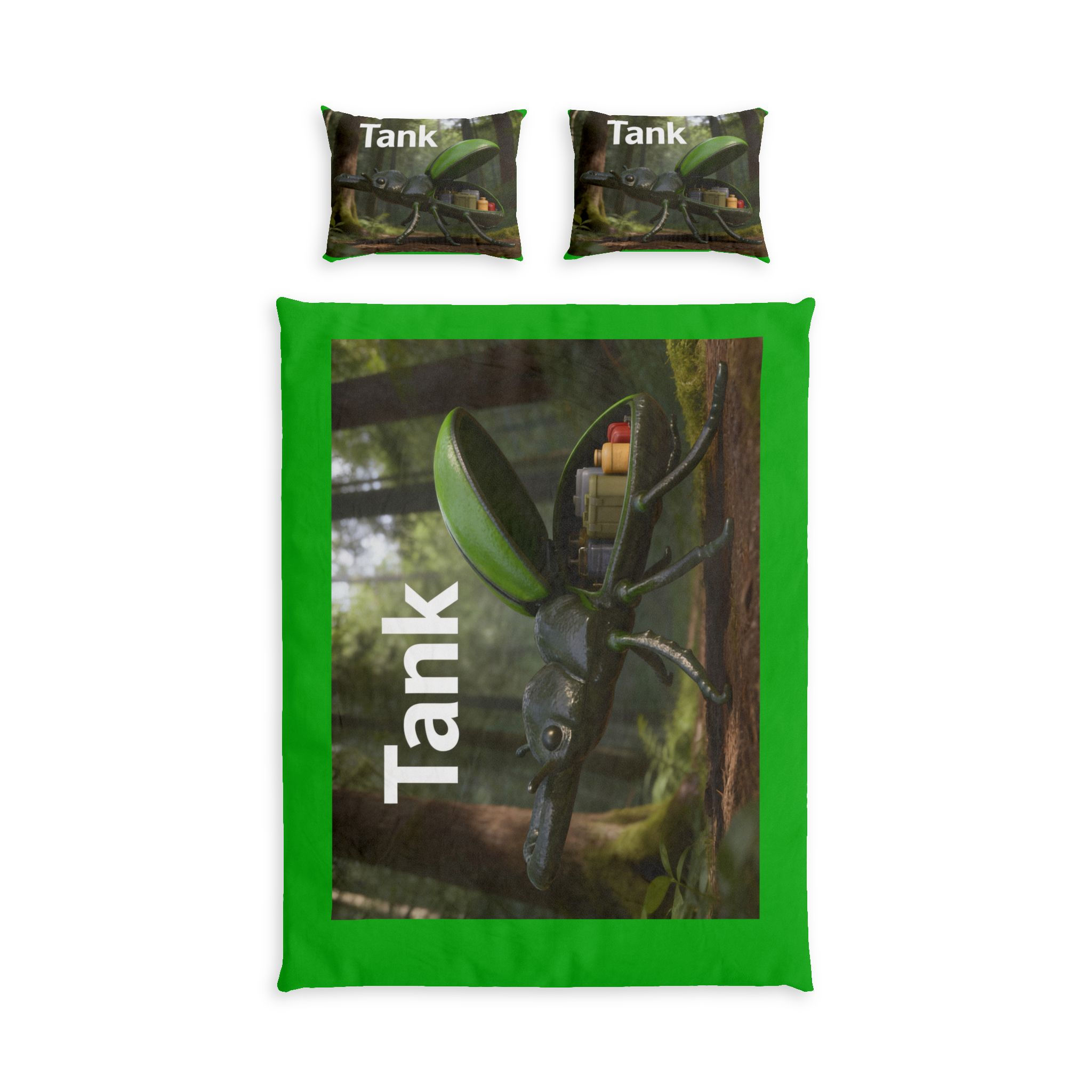 Tank Beetle Cotton Bed Set — Kids' Green Bug Duvet Cover with 'Tank' Pillowcases