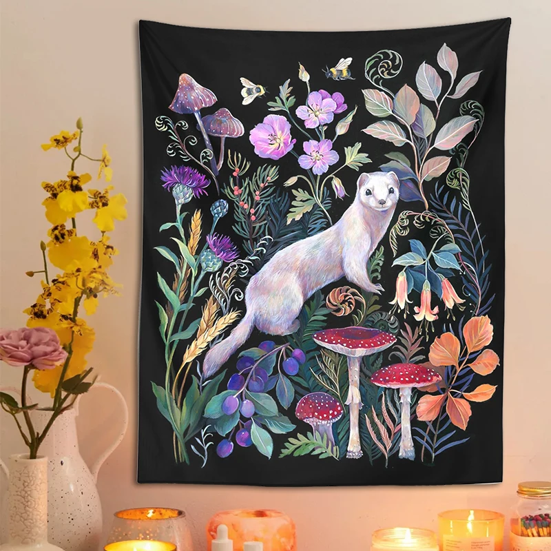 Beautifully Printed Ermine Wall Hanging, Night Garden.