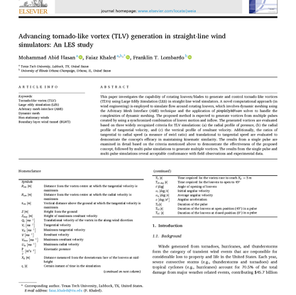 Paper on "Advancing tornado-like vortex (TLV) generation in straight-line wind simulators: An LES study"