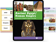Readtopia materials including iPad with Ancient Eqypt/ Roman Empire unit files, vocabulary cards and text examples.