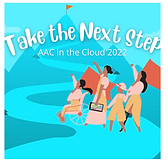 Neutral colored clip art images of people standing on a walking path up a mountain. White text on a light blue background reads, "Take the next step" AAC in the Cloud 2022