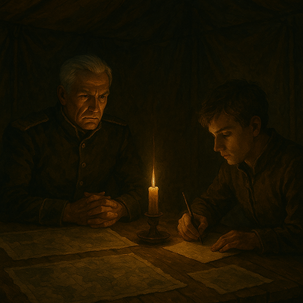 A candlelit command tent where a stern older general and a young scribe sit at a wooden table covered with maps and documents, their faces illuminated by the warm glow, reflecting the gravity of wartime decisions and quiet tension between experience and youth.