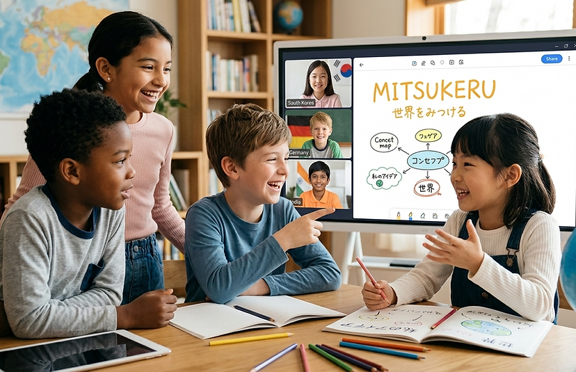 子どもたちがオンラインで学びながら笑顔で会話している教室風の写真。モニターに『MITSUKERU』と手書き風の図、世界地図や地球儀が見える。暖色系で明るい。landscape