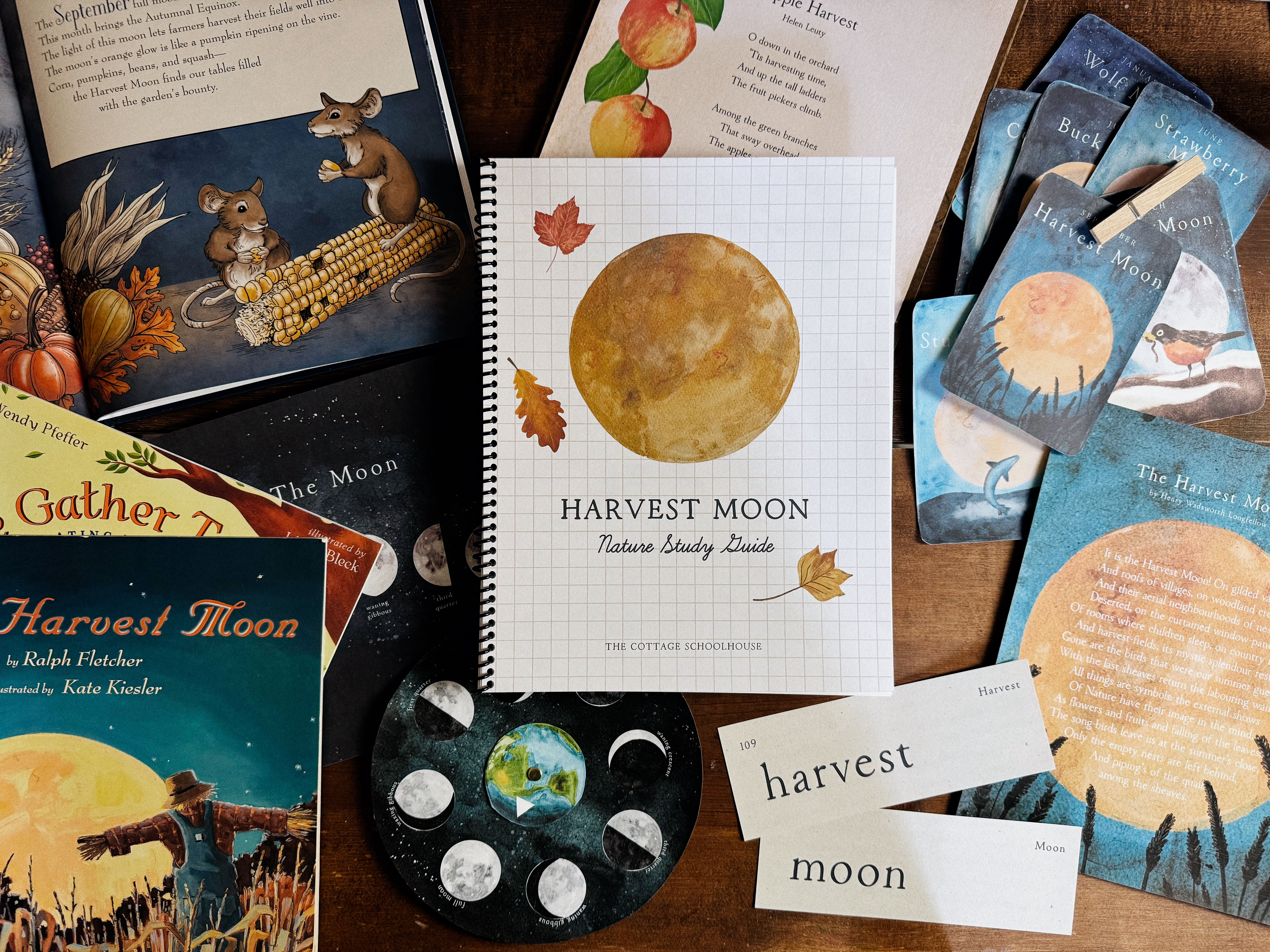 Harvest Moon Nature Study Guide with surrounding books and moon phases illustrations