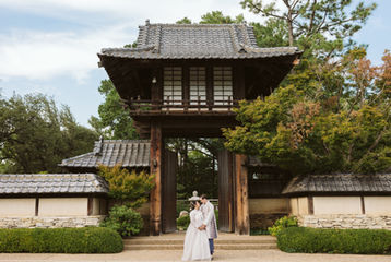 A couple kisses at the Fort Worth Japanese Garden dressed in traditional Korean wedding attire, Korean wedding outfits, best wedding photographer in Fort Worth, cultural wedding in Fort Worth, Korean bride, bridal Hanbok, Fort Worth Japanese Garden portraits, Swan Photography