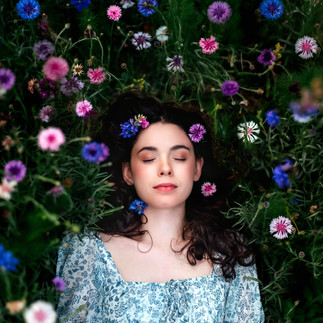 senior girl laying in the Richardson wildflowers wearing a blue dress